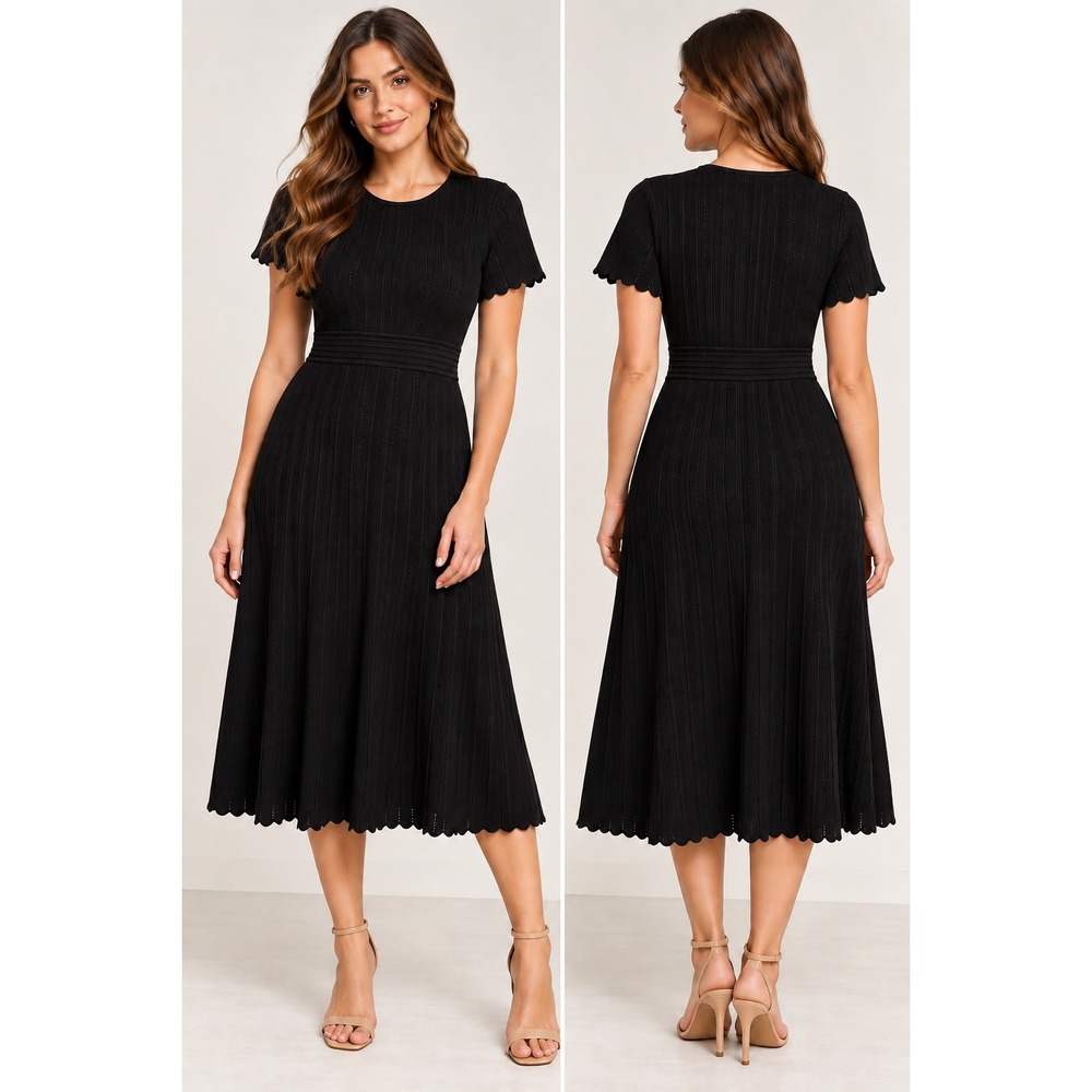 NWT Ted Baker S Black Pointelle Knit Midi Dress Short Sleeve Fit Flare A Line